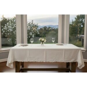 Vintage Embroidered Satin Floral Ivory Tablecloth Scalloped Finished Edge 90x57